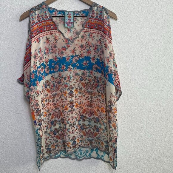Johnny Was Betimo Boho Tunic Top XS Multicolor Embroidered Sheer Scalloped Hem - Picture 4 of 10